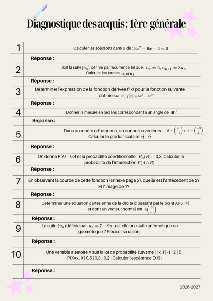 Aperçu d'une fiche du diagnostic des acquis de maths